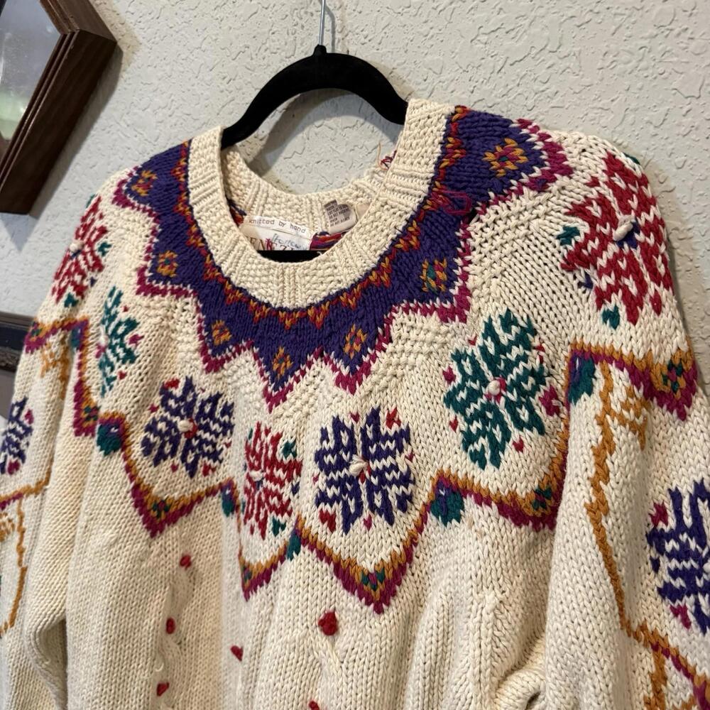 Vintage 90s RARE Venezia Womens Hand Knit Sweater Pullover Size 14-16 Snowflakes - Picture 3 of 6